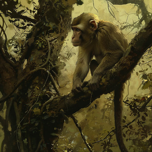 Rhesus monkey perched on a branch in a dense forest