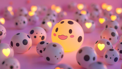Pink balls with smiling hearts surrounded by more pink balls