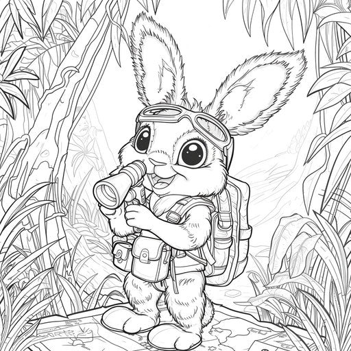 Bunny explorer with map and binoculars in the jungle