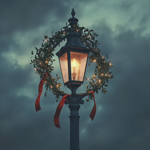 Vintage street lamp adorned with mistletoe and red ribbons