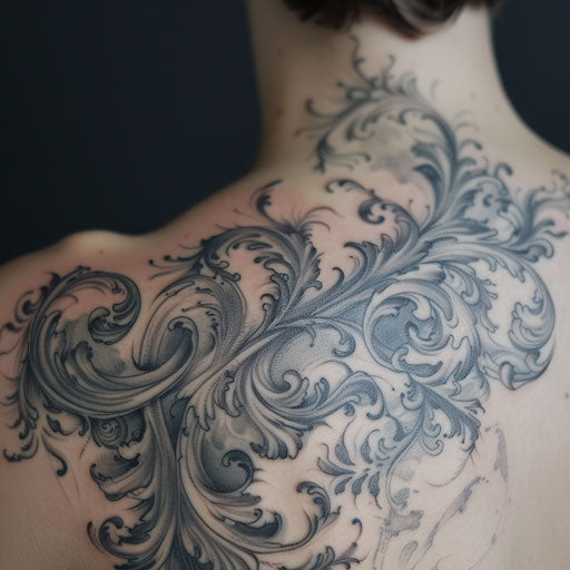 Smoke tattoo in a baroque pattern using gray shades on white