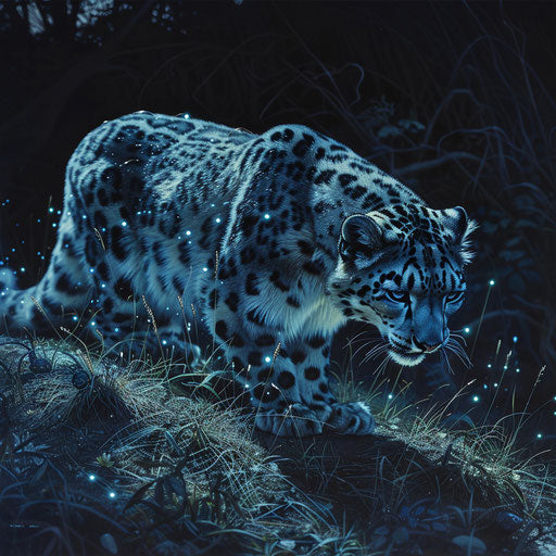 Snow leopard on a midnight hunt