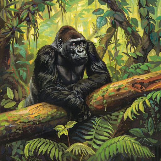 Gorilla seated on a fallen trunk in the rainforest
