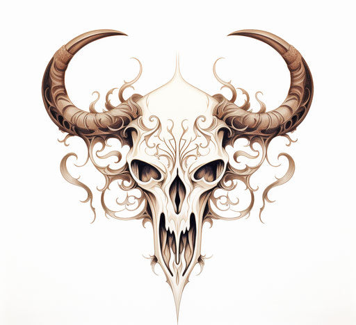 Cow horn tattoo on white background, skull motifs style