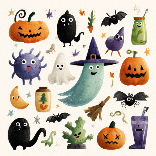 Collage of Halloween-themed elements on white background