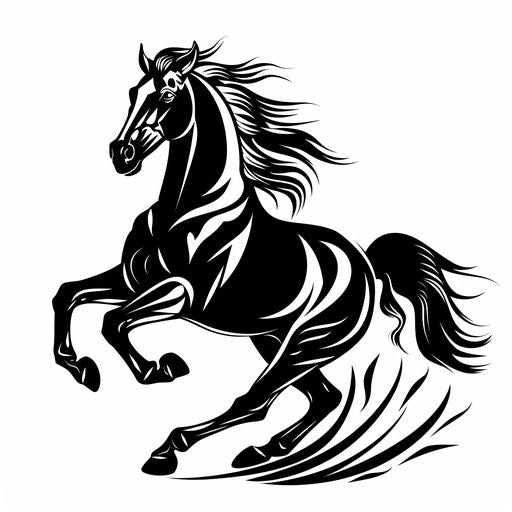 Galloping horse silhouette, bold black with dynamic white