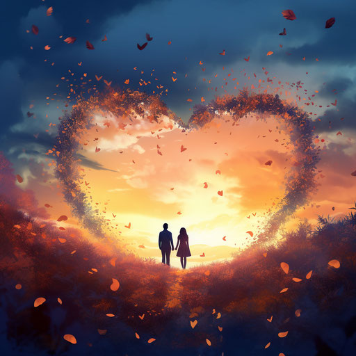 Two people in heart shape with leaves, richly colored skies style, fleeting moments