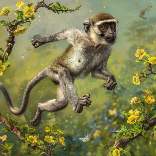 Monkey leaping from one vibrant tree to another