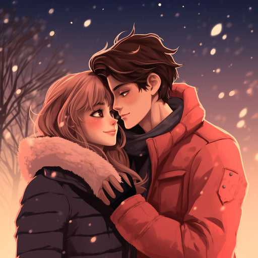 Two cute couples and snowflakes, romantic manga style