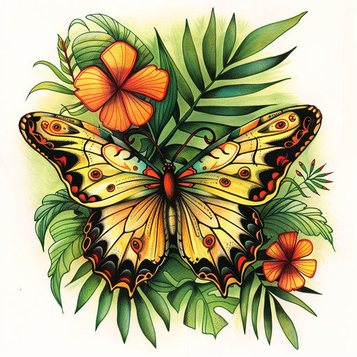 Exotic flat tattoo sketch of a butterfly with tropical designs