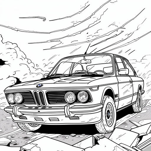 A BMW car in a comic book style adventure with bold lines in the style of Mike Zeck Coloring book page