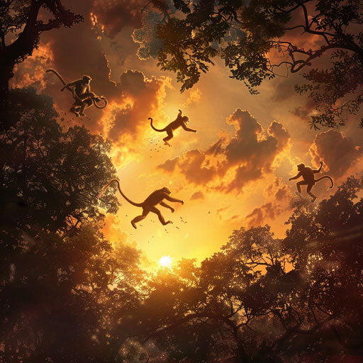 Monkeys racing through treetops chasing the sunset