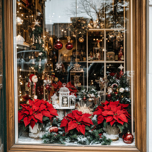 Vintage Christmas decor in a boutique window display