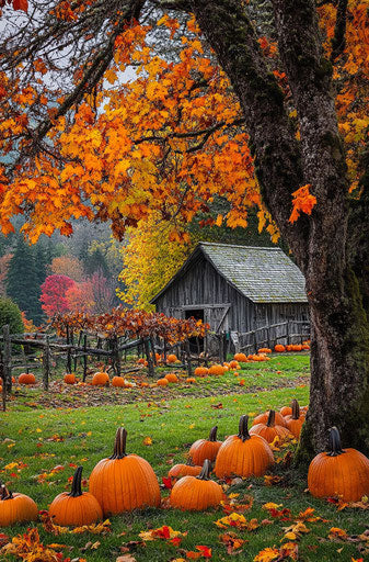 Autumn pumpkin patch with colorful trees and rustic farm charm