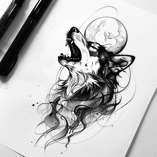 Bold and expressive flat tattoo sketch with a husky howling at the moon