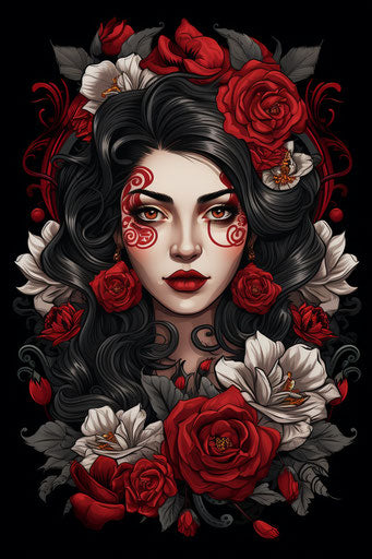 Woman with flowers in hair: tattoo style, celtic art