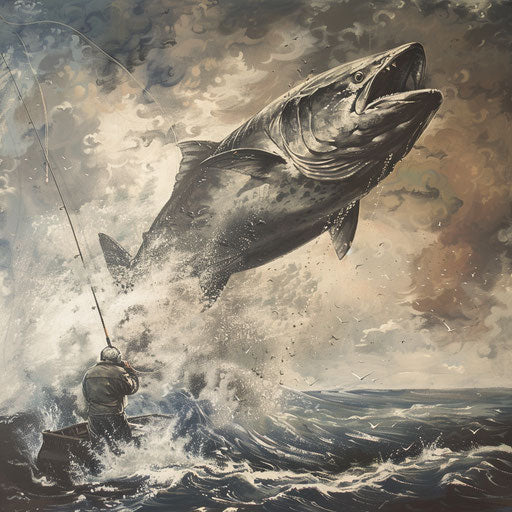 The fisherman's dream, a gigantic catch leaps out of the water