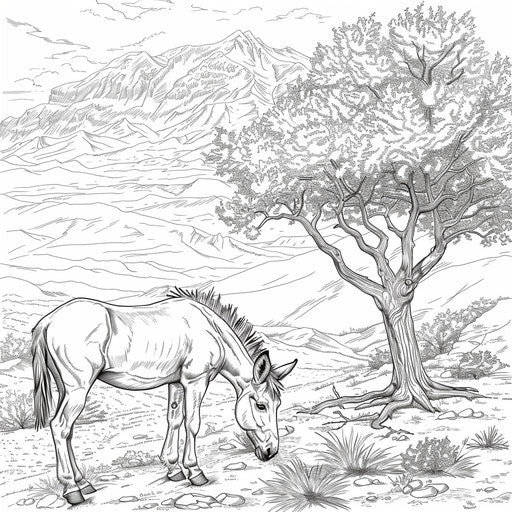 Donkey grazing under a tree with mountains in the background