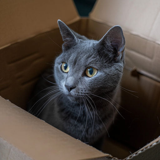 The gray cat in a cardboard box