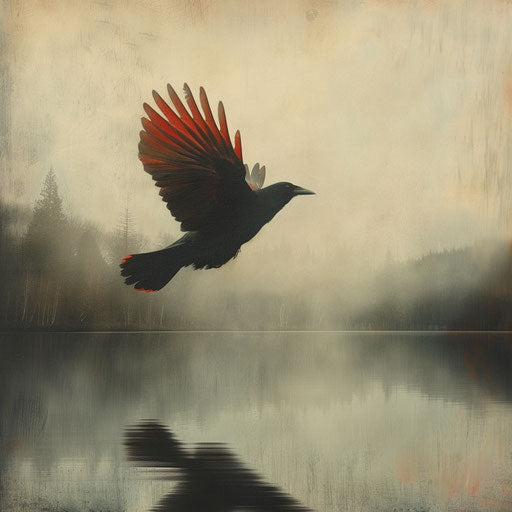Black bird with red wings soaring over a lake