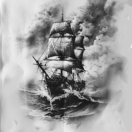 Ghostly pirate ship sailing on stormy seas, haunted tattoo design on a pure white canvas