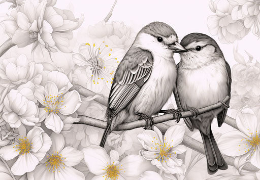 Birds on flowers, detailed line work, stylized realism