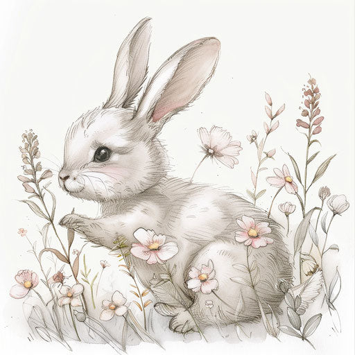 Cute bunny hopping among flowers