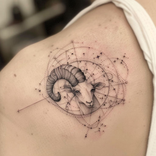 Realistic Aries constellation tattoo with integrated ram's horn, on white background