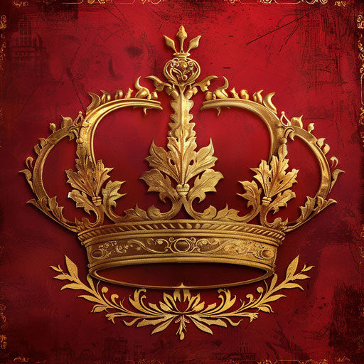 Crown logo in red and gold with a regal background