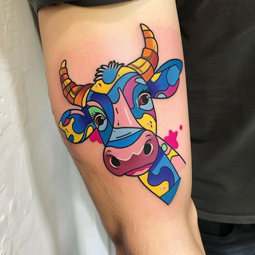 Cartoon cow tattoo with bright, playful colors