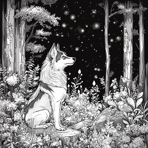 Husky in a fantasy forest with glowing plants