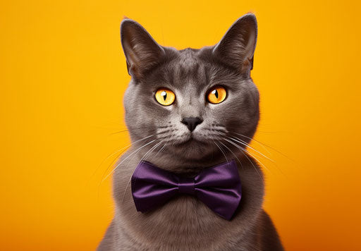 Grey cat with bow tie on yellow background, dark orange and gold