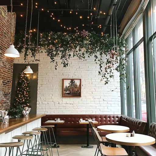 Stylish urban café with mistletoe for holiday spirit