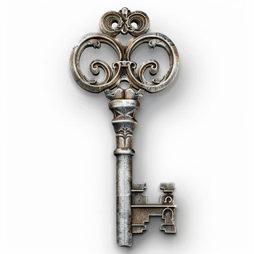 Realistic key illustration with flat white background, dynamic shadows and intricate details