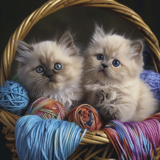 Two Himalayan kittens playing in a basket of colorful yarn