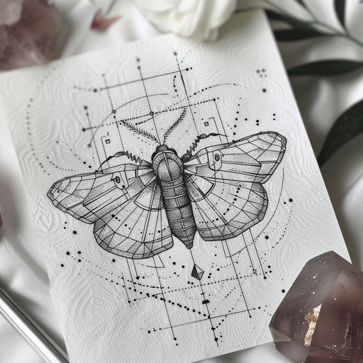 Geometric patterned death moth tattoo illustration, shapes and lines on white sheet