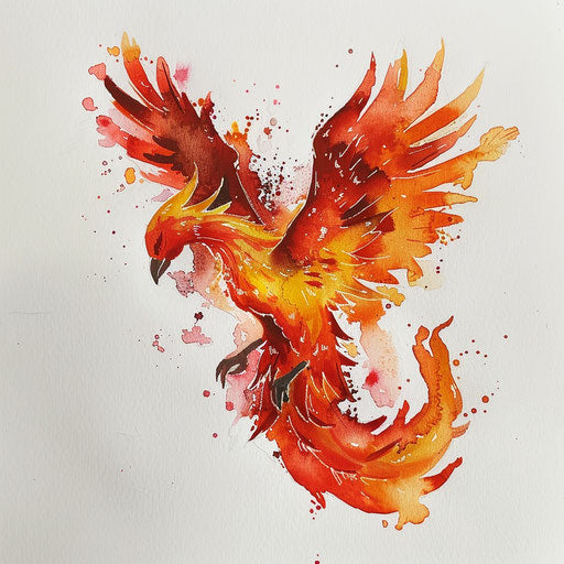 Phoenix rising from flames in watercolor, symbol of resilience