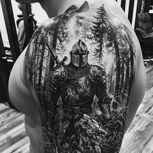 Epic shoulder tattoos with knights and enchanted forests