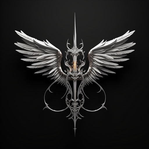 Black and white arrow with swing wing design, antichrist style, San Francisco renaissance