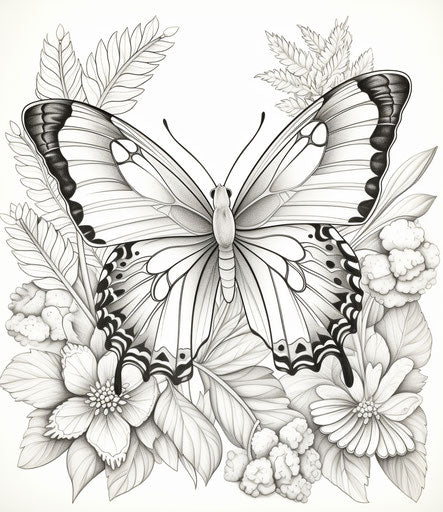 Butterfly coloring page, set in black and white, detailed nature style, free brushwork
