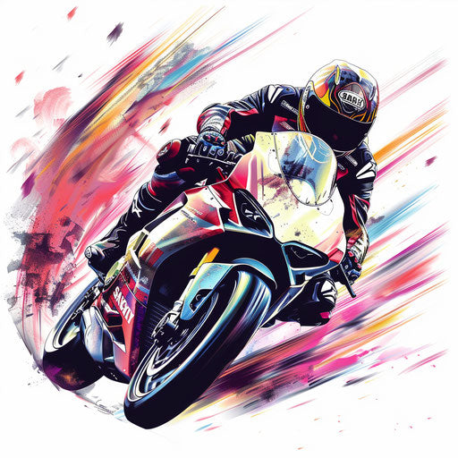 Flat tattoo sketch of a biker in a lively race