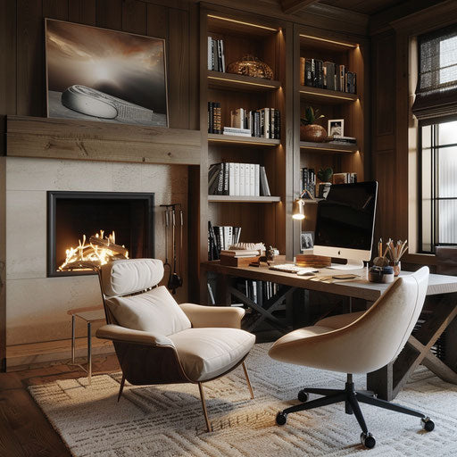 Home office with cozy fireplace and lounge area