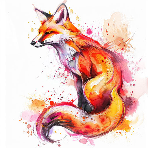 Watercolor fox with orange and red splashes