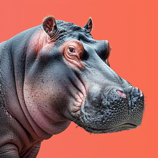 Realistic hippo clipart on a flat, vibrant coral background