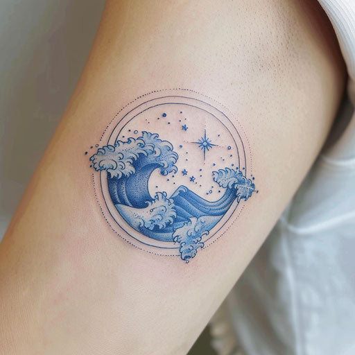 Aquarius constellation tattoo with waves and blue stars