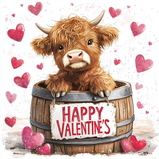 Baby Highland cow in barrel with hearts, Valentine's Day theme