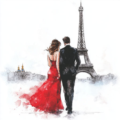 Watercolor painting of Paris with lovers in front of the Eiffel Tower