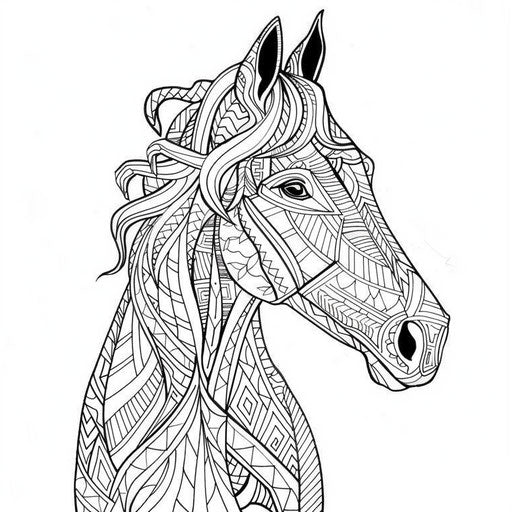 Stylized horse with geometric shapes: coloring book page