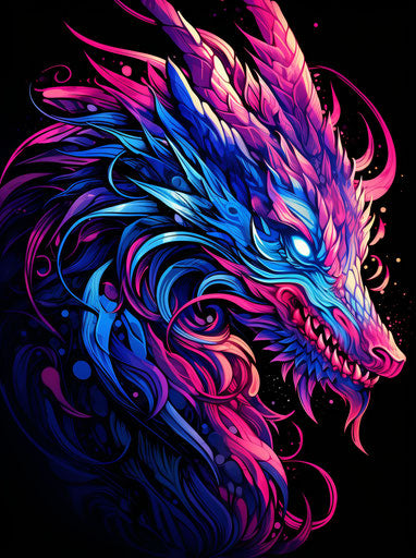 Blue and pink dragon, meticulous line work, fluorescent colors