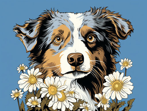 Australian shepherd dog with blue eyes and a flower on its head